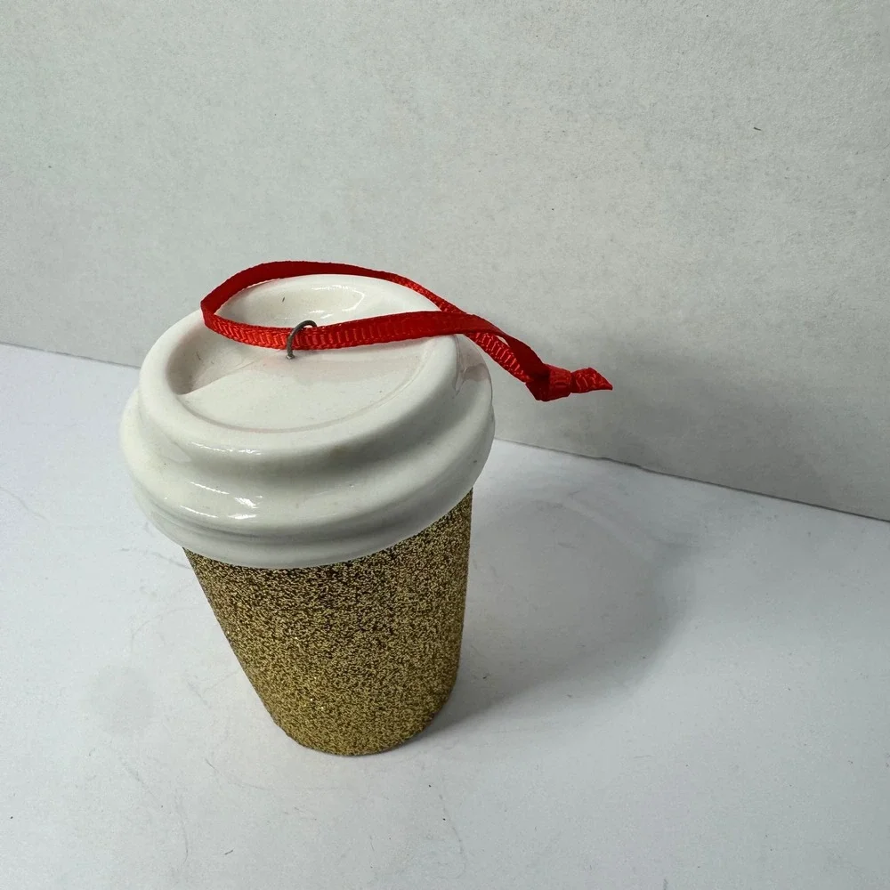 Starbucks 2018 Gold Glitter Coffee‎ Cup Ceramic Christmas Ornament 2.5 Inches EC